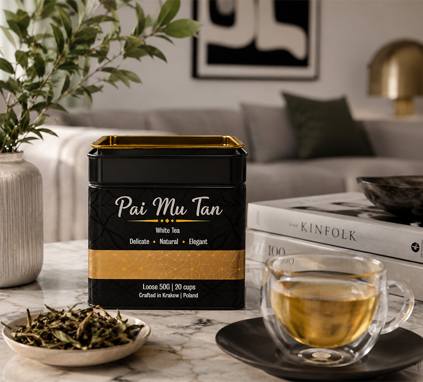 Pai Mu Tan Leo Tea puszka metalowa z białą liściastą herbatą